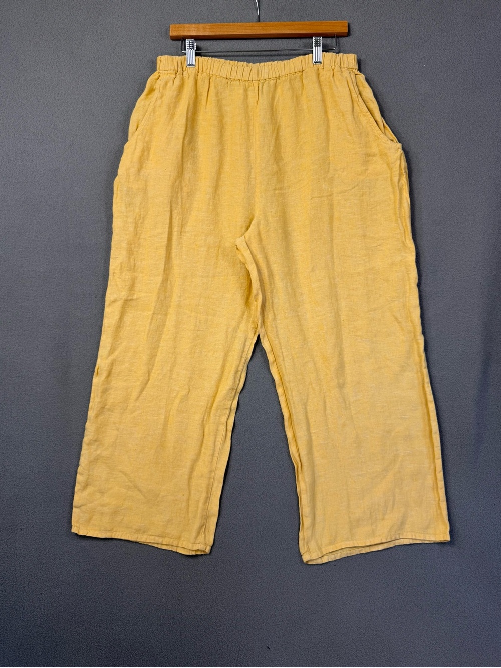 FLAX Soft Butter Yellow Elastic Waist, Wide Leg Cropped Linen Pants, Size M
